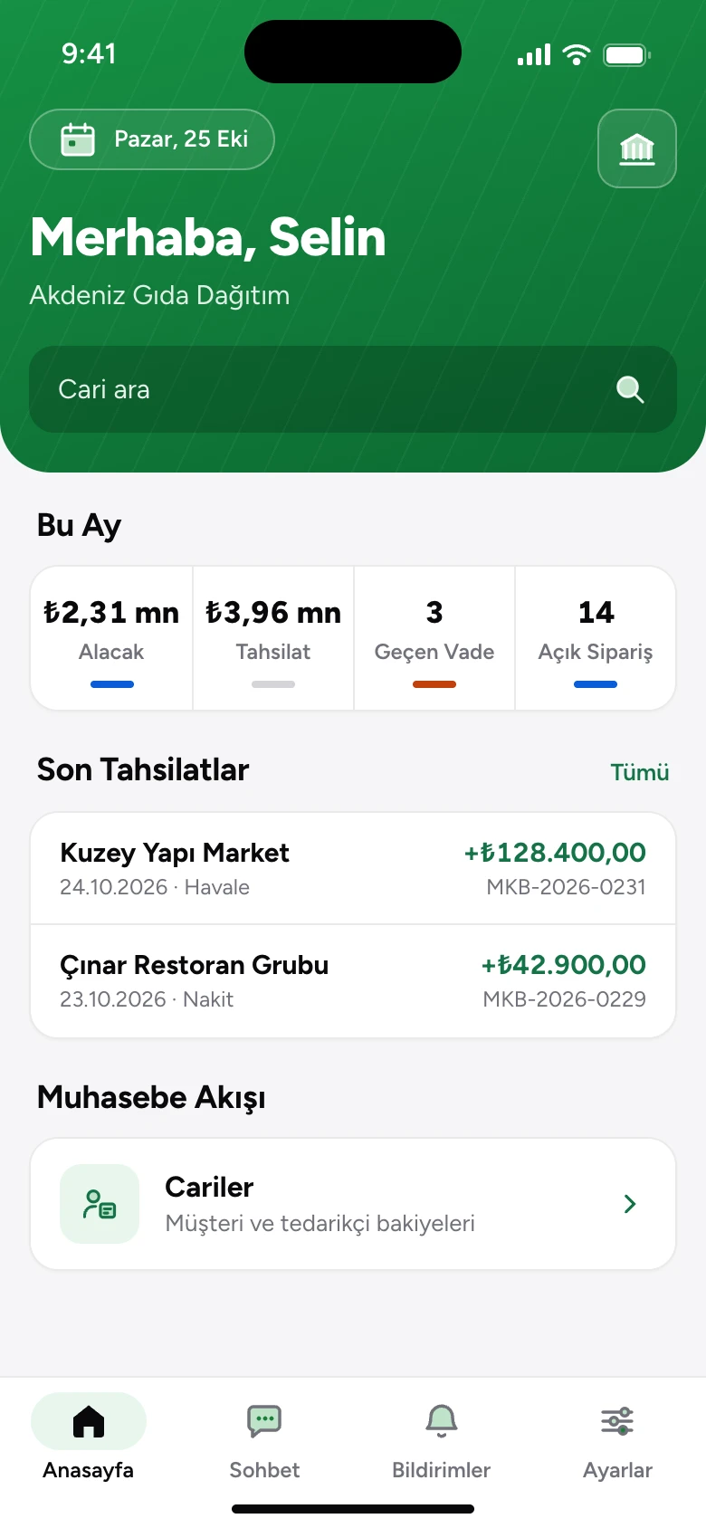 Mobil uygulama ana sayfasında karşılama bandı, aylık özet göstergeleri ve son tahsilatlar