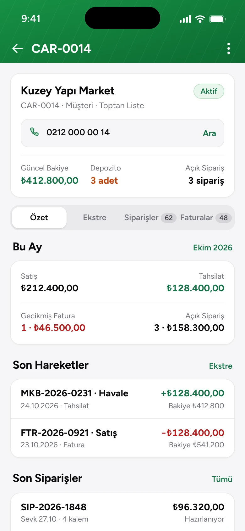 Mobilde cari detay ekranı; güncel bakiye, depozito, açık sipariş, aylık özet ve son hareketler