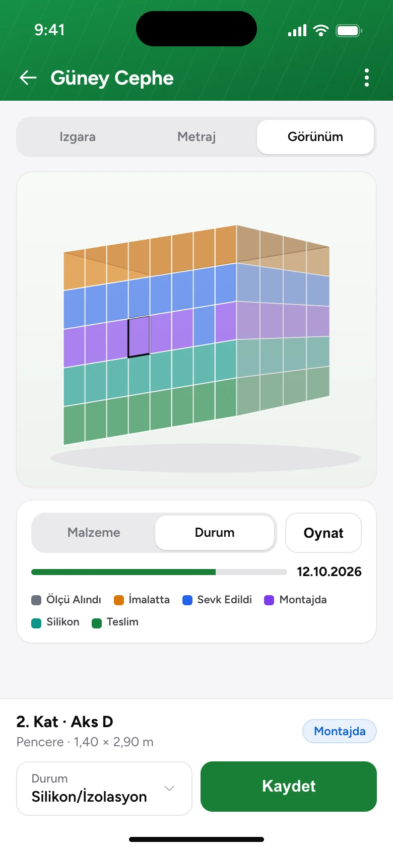 Mobilde cephe 3D görünümü; durum renkli hücreler, katman seçimi, oynatma ve seçili hücre için durum atama.