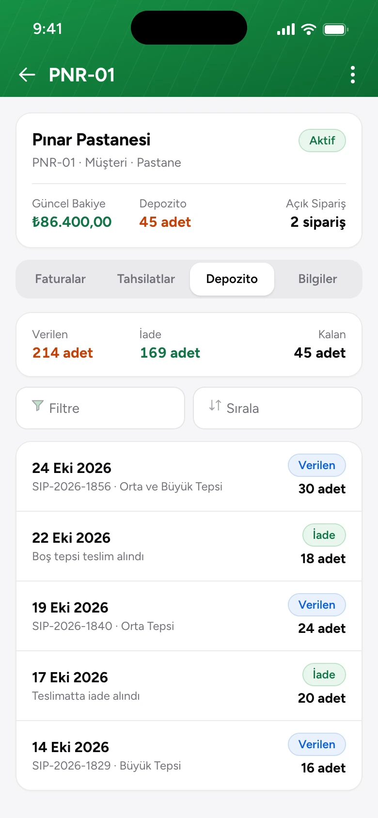 Telefonda müşteri kartı: verilen, iade edilen ve kalan tepsi adedi ile hareket listesi