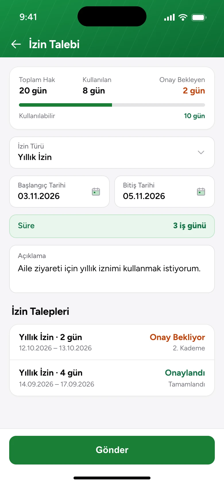 Mobilde izin talebi formu; izin hakkı özeti, tarih seçimi, süre ve önceki talepler