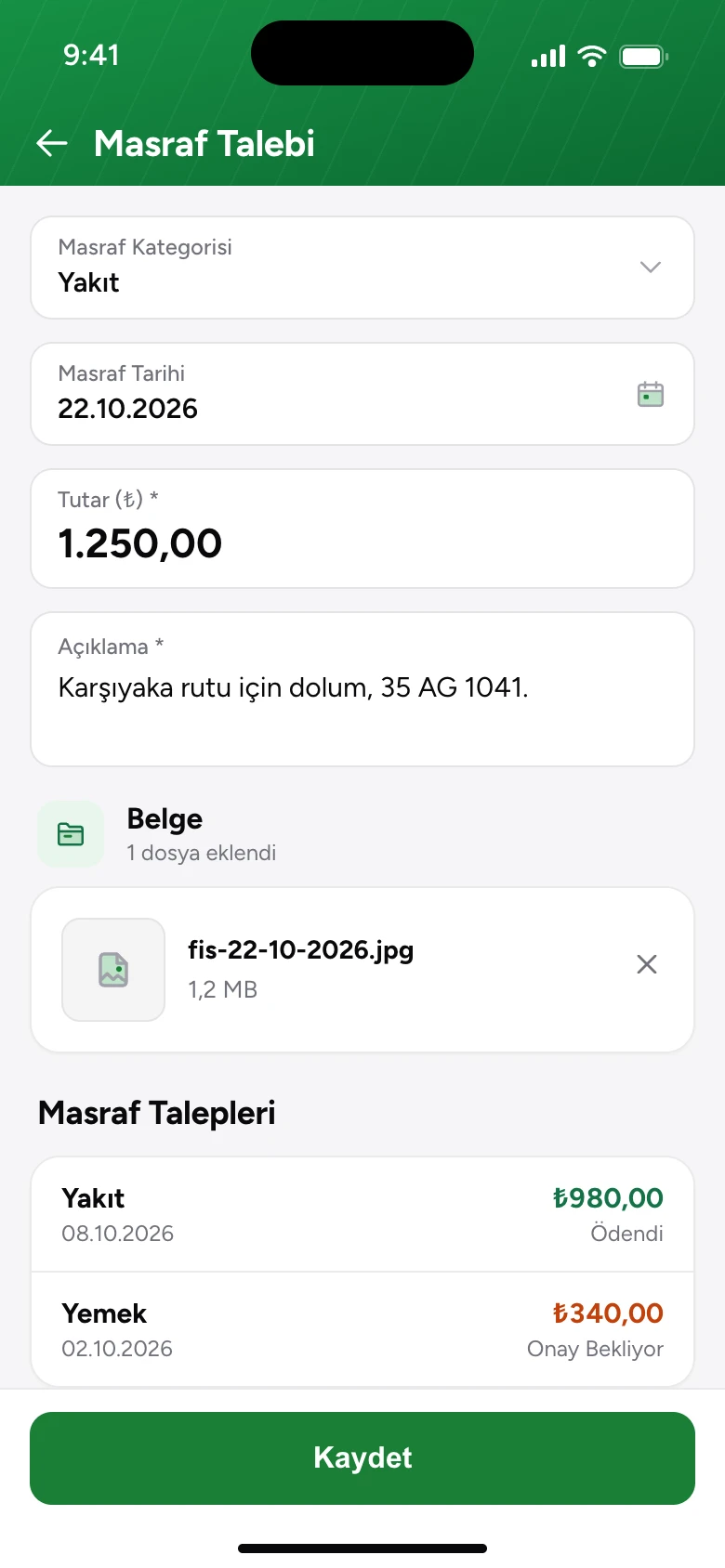 Mobilde masraf talebi formu; kategori, tarih, tutar, açıklama ve fiş belgesi ekleme