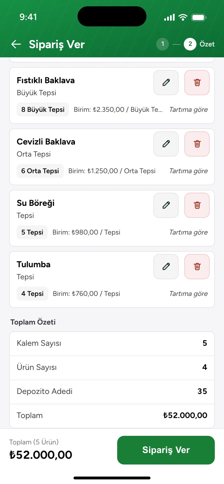 Pastane şubesinin telefonunda sipariş özeti: orta ve büyük tepsi baklava, su böreği ve tulumba, tepsi adedi ve toplam