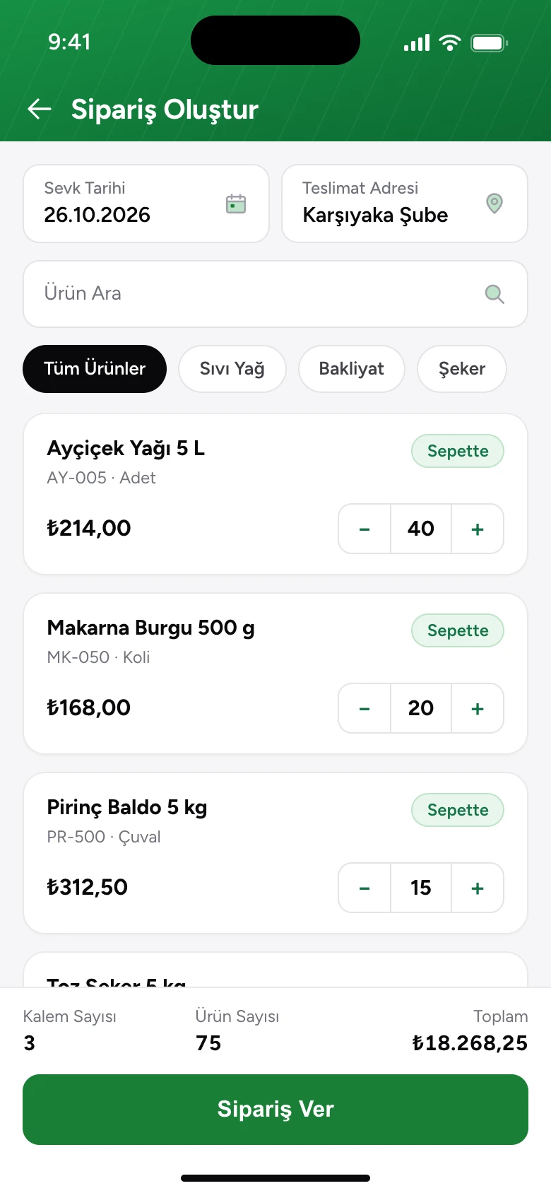 Mobilde sipariş oluşturma ekranı; sevk tarihi, teslimat adresi, ürün listesi, miktar seçici ve sepet özeti.