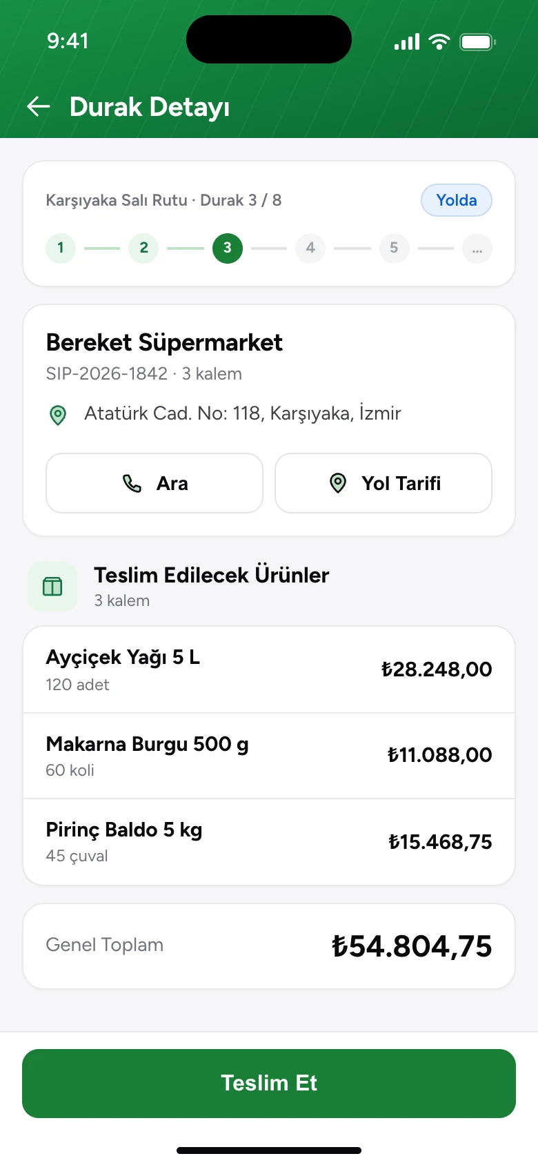 Şoför uygulamasında durak detayı; adres, arama ve yol tarifi, teslim edilecek ürünler ve teslim düğmesi