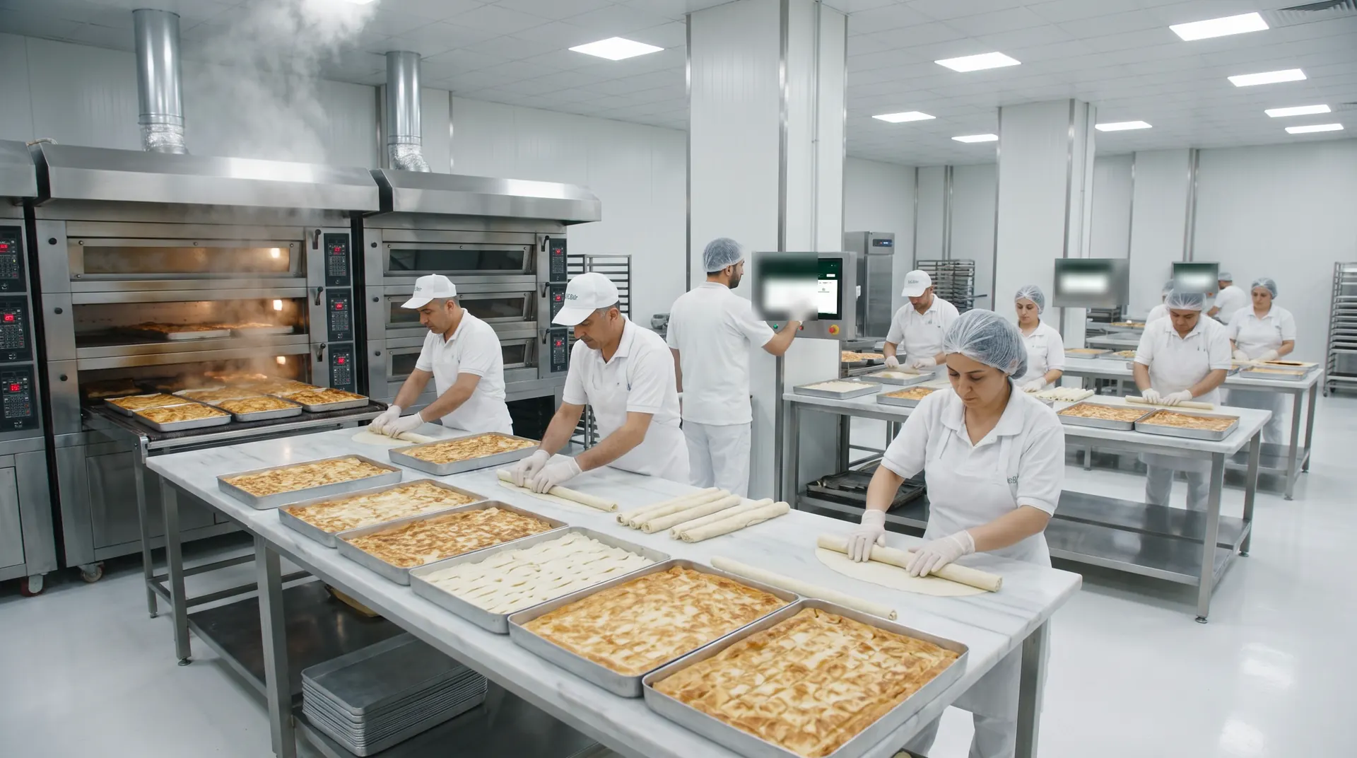 Fırınlardan çıkan börek tepsileri ve tezgâhta sigara böreği saran çalışanlar