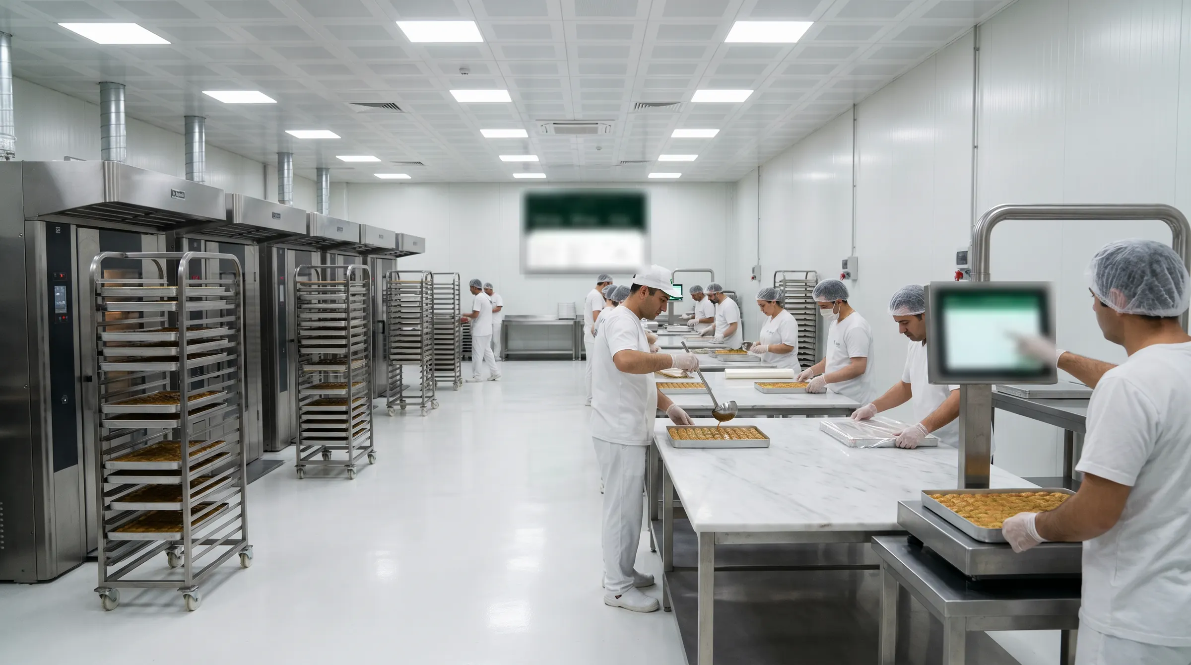 Baklava üretiminde tepsiler ve tartım