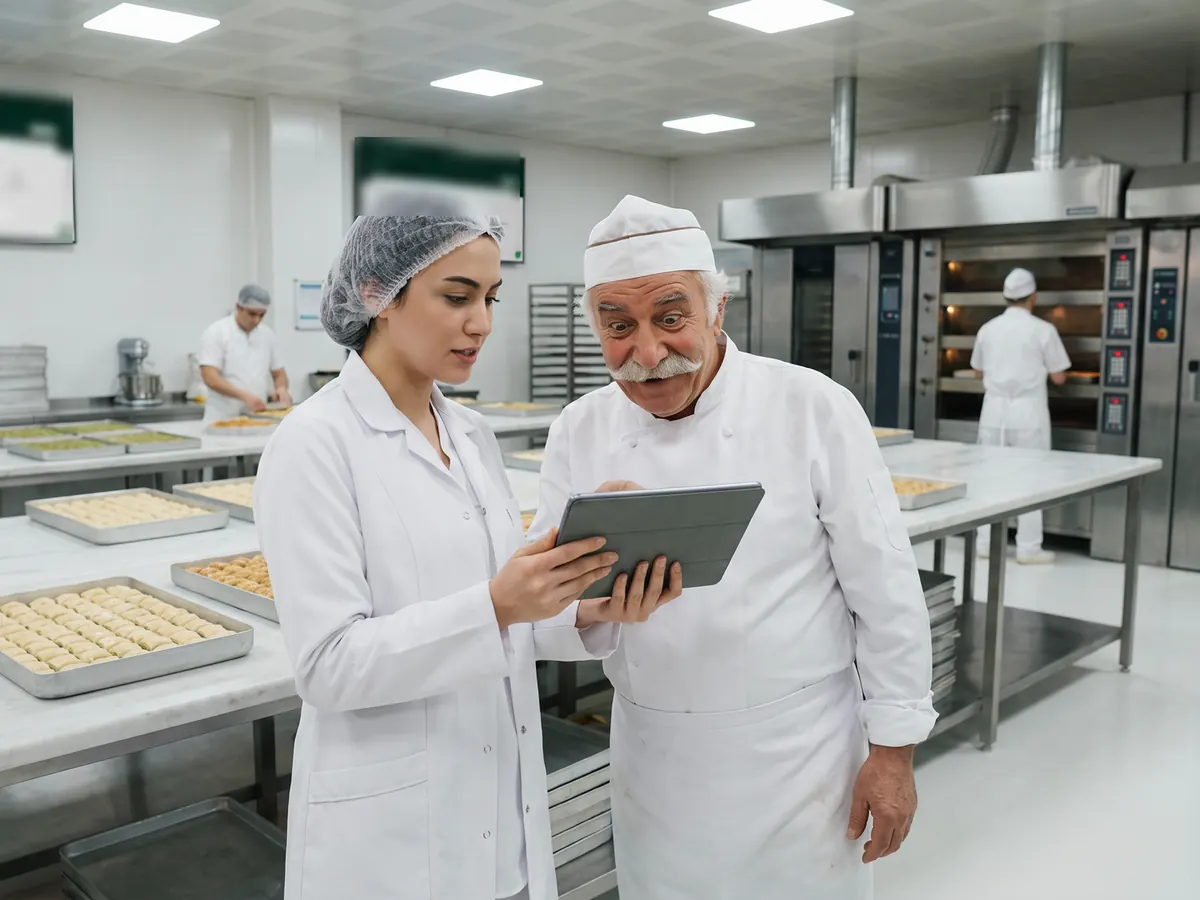 Planlamacı ve fırın ustası tabletteki üretim planına birlikte bakıyor