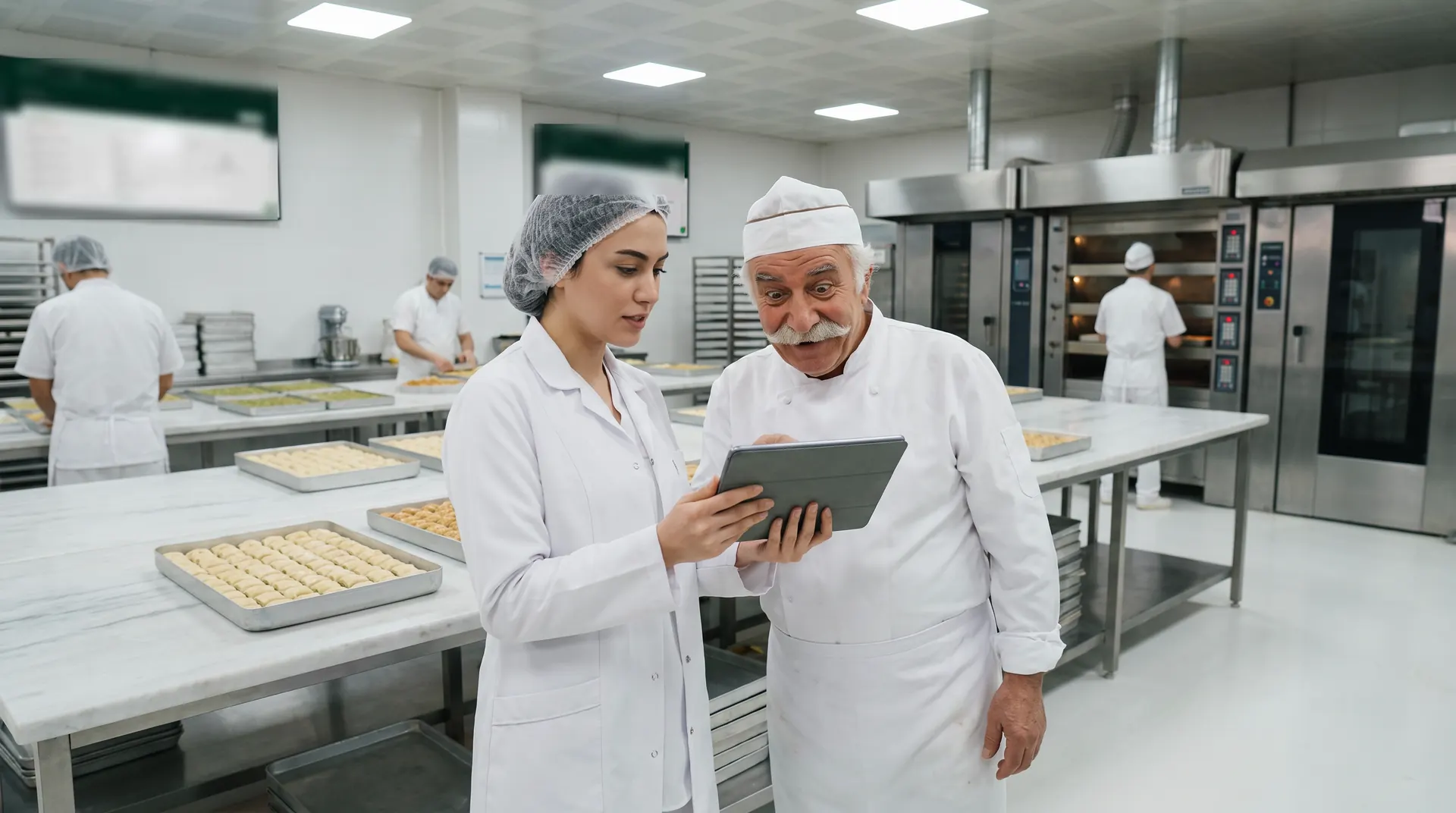 Üretim planlamacısı fırın ustasına tabletten günün üretim listesini gösteriyor.