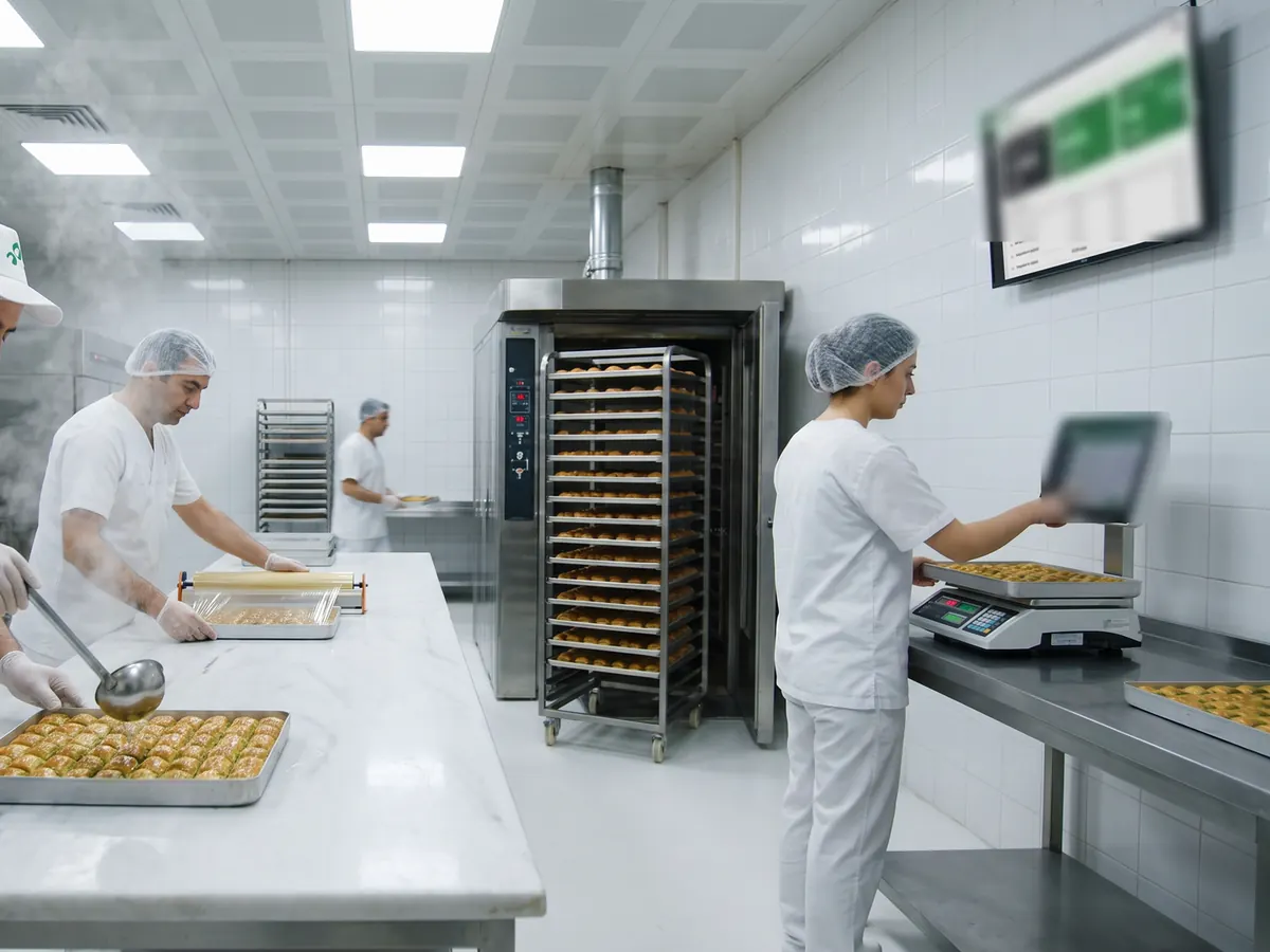 Şerbet dökülen baklava tepsisi, döner raflı fırın ve terazi başındaki çalışan