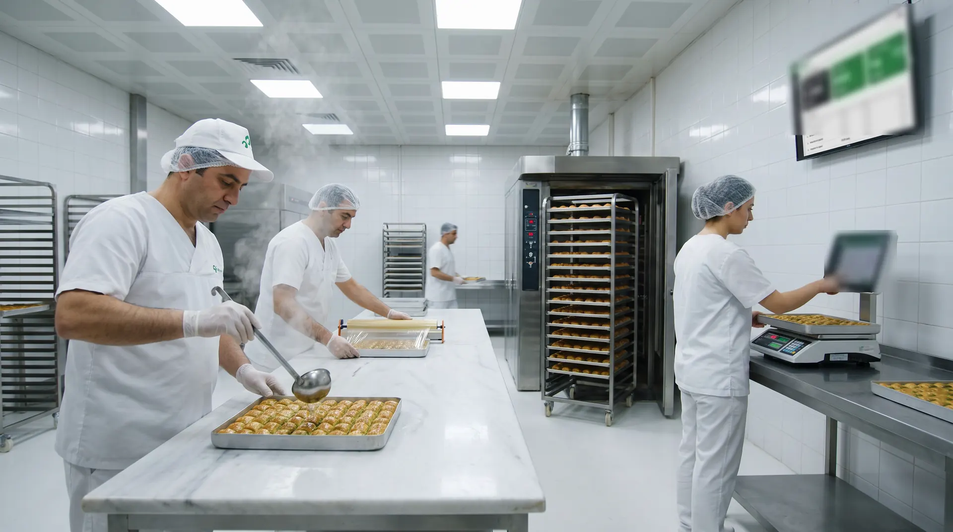 Sıcak baklava tepsisine şerbet dökülürken arkada döner raflı fırın ve terazide tartım yapan personel.