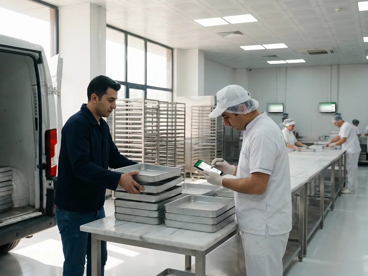 Şoför ve tesis personeli boş tepsileri tezgâhta teslim alıyor